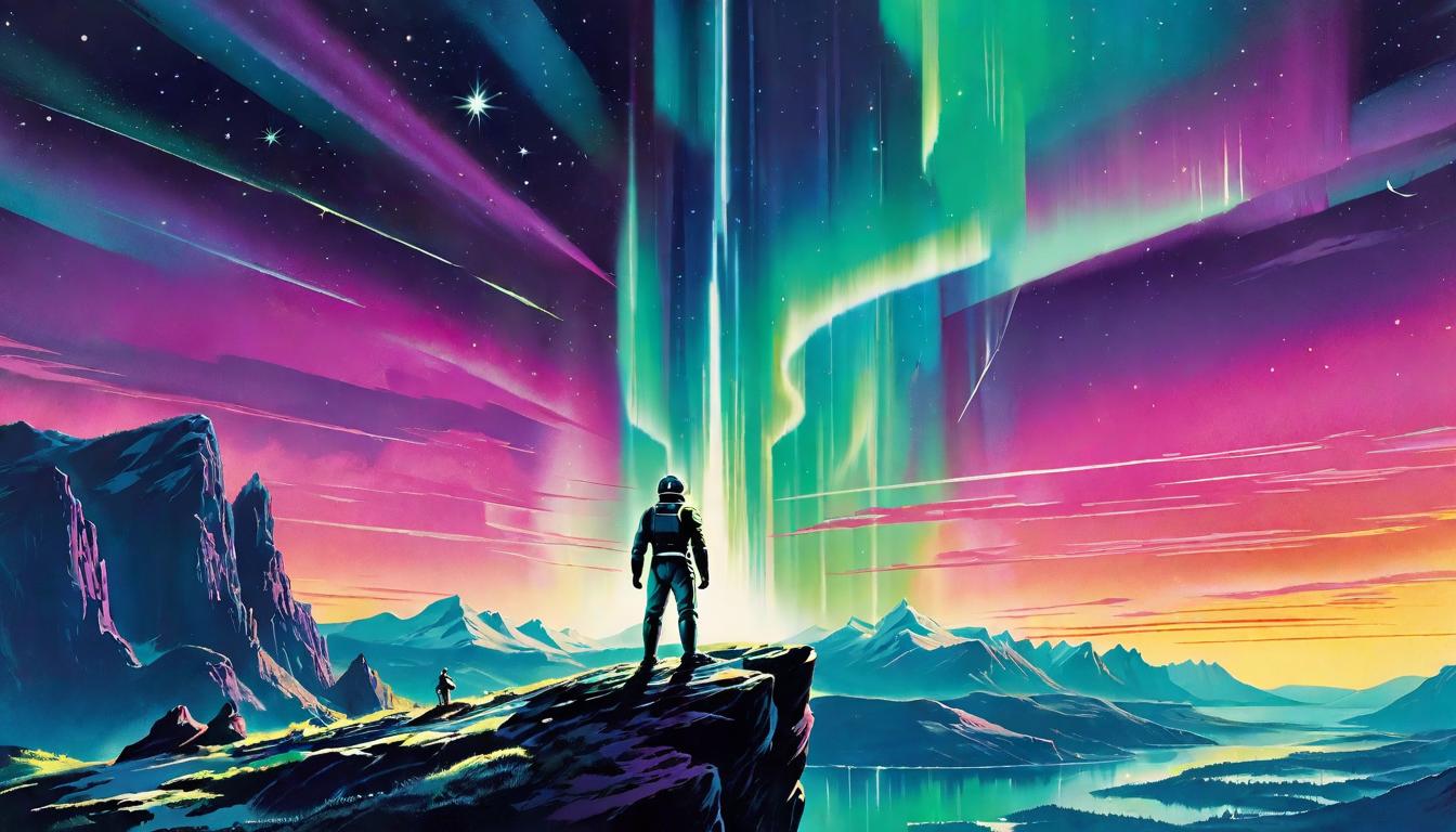  retro futuristic A figure standing on a cliff at night, arms raised towards the aurora borealis, embodying connection, celestial dance, anchoring light, collective harmony lvintage sci fi, 50s and 60s style, atomic age, vibrant, highly detailed