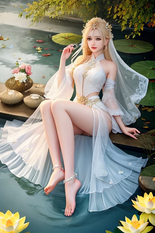  Blonde Fairy Classical beautiful bare feet soak in lotus pond water clear water a lot of wash her fair beautiful feet Her feet very smelly white wedding dress hyperrealistic, full body, detailed clothing, highly detailed, cinematic lighting, stunningly beautiful, intricate, sharp focus, f/1. 8, 85mm, (centered image composition), (professionally color graded), ((bright soft diffused light)), volumetric fog, trending on instagram, trending on tumblr, HDR 4K, 8K