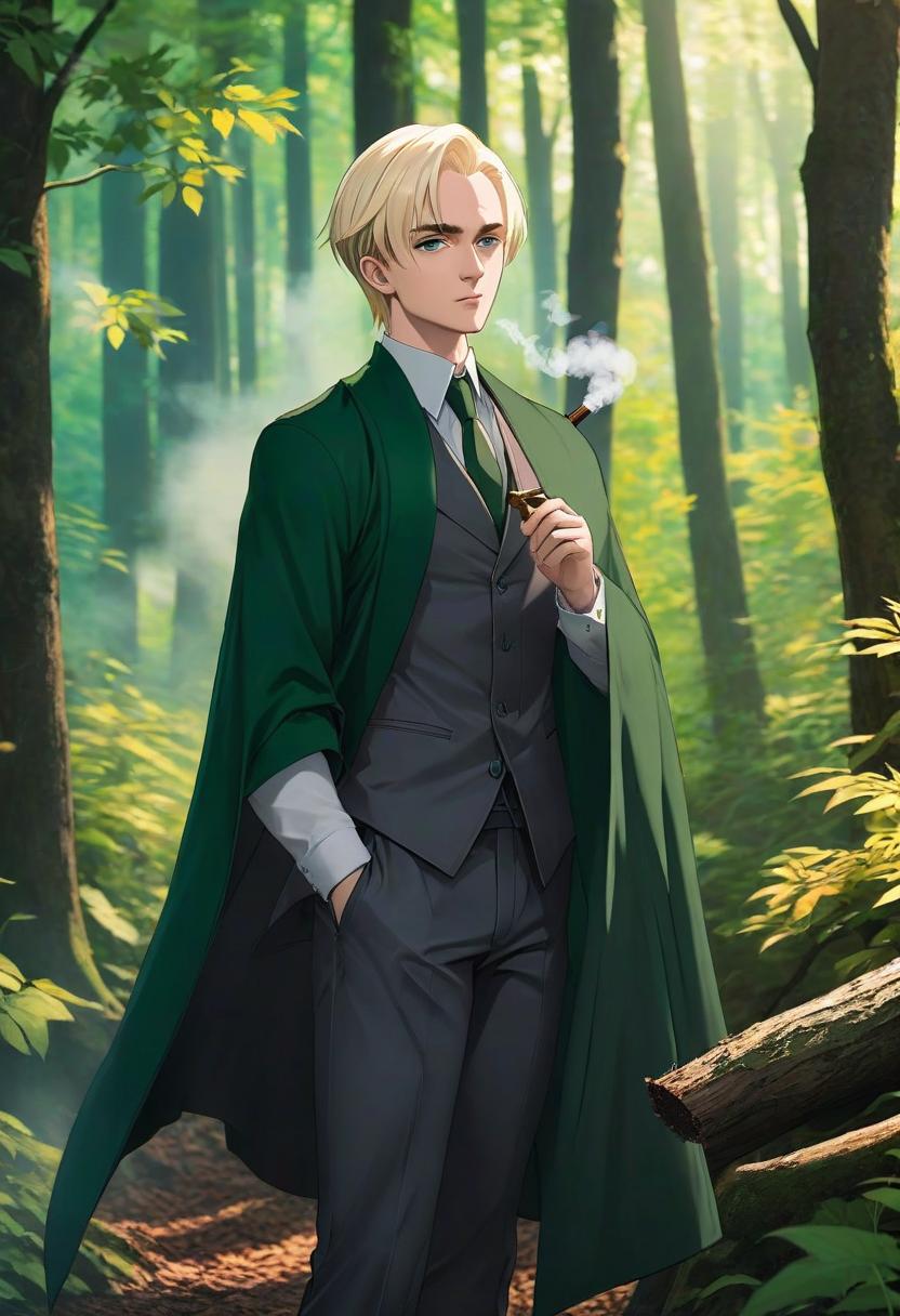  anime artwork Anime young man, resembling Draco Malfoy with sunken cheeks, white, combed back hair, and dark green eyes, smokes a cigar in the woods. . anime style, key visual, vibrant, studio anime, highly detailed hyperrealistic, full body, detailed clothing, highly detailed, cinematic lighting, stunningly beautiful, intricate, sharp focus, f/1. 8, 85mm, (centered image composition), (professionally color graded), ((bright soft diffused light)), volumetric fog, trending on instagram, trending on tumblr, HDR 4K, 8K