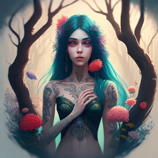  A   surrounded by lush, colorful flowers in a dream-like forest, her body adorned with intricate tattoos and symbols, her expression serene yet powerful, a symbol of feminine seduction and beauty. The scene is a mix of fantasy and reality, with hints of magic and mystery. The artwork is done in a soft, ethereal style with a focus on delicate details, and is trending on artstation.