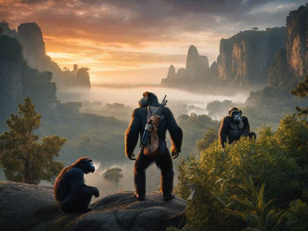  A dramatic image of two opposing factions of apes, standing on either side of a ravaged landscape. The tension is palpable as they stare each other down, with the remnants of human civilization in the background, hinting at the epic conflict to come in the new chapter of the Planet of the Apes saga.digital art, ilustration hyperrealistic, full body, detailed clothing, highly detailed, cinematic lighting, stunningly beautiful, intricate, sharp focus, f/1. 8, 85mm, (centered image composition), (professionally color graded), ((bright soft diffused light)), volumetric fog, trending on instagram, trending on tumblr, HDR 4K, 8K