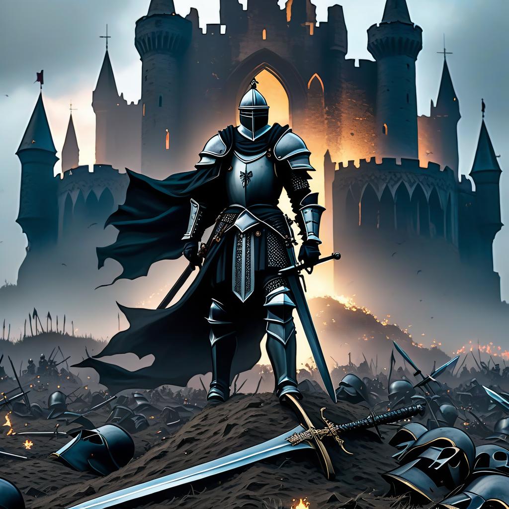  dystopian style Background: Ruins of a large medieval Gothic castle in the field. The field is covered with fallen knights. In the field, in the foreground, there is a black knight in black armor and a black helmet with a sword, looking down. . bleak, post apocalyptic, somber, dramatic, highly detailed hyperrealistic, full body, detailed clothing, highly detailed, cinematic lighting, stunningly beautiful, intricate, sharp focus, f/1. 8, 85mm, (centered image composition), (professionally color graded), ((bright soft diffused light)), volumetric fog, trending on instagram, trending on tumblr, HDR 4K, 8K