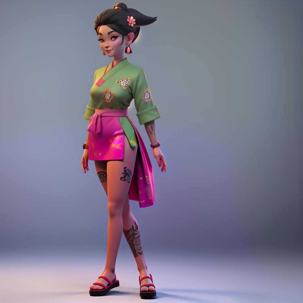  3d cartoon styled full-body image of a Thai woman in a random look, wearing underwear, colorful tattoos, random scene