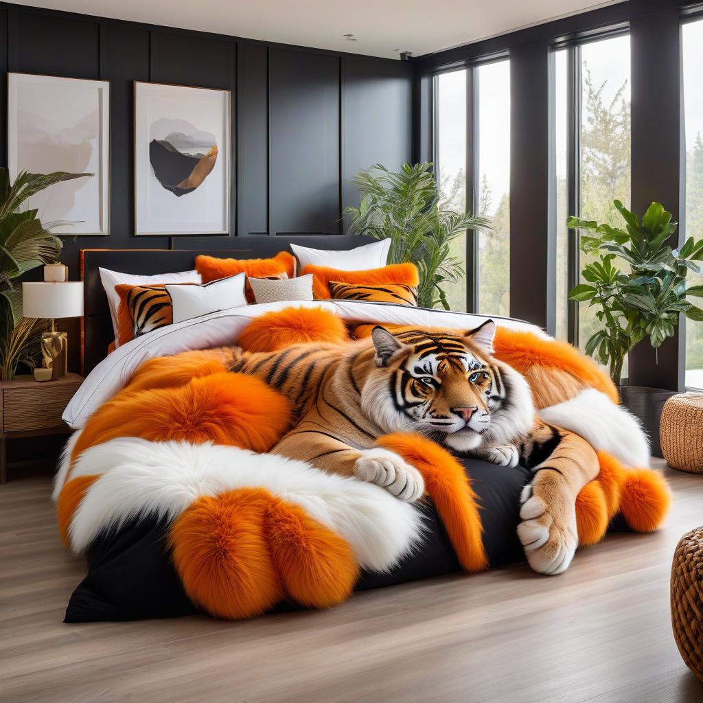  a bed made entirely from giant tiger, Tiger head styled bed head , Orange, black sand white fluffy cat hair bed frame, Big cat head, big cat paws, long cat tail, Two pillows., realistic, Bright bedroom, floor to ceiling windows, Whimsical design, style raw hyperrealistic, full body, detailed clothing, highly detailed, cinematic lighting, stunningly beautiful, intricate, sharp focus, f/1. 8, 85mm, (centered image composition), (professionally color graded), ((bright soft diffused light)), volumetric fog, trending on instagram, trending on tumblr, HDR 4K, 8K