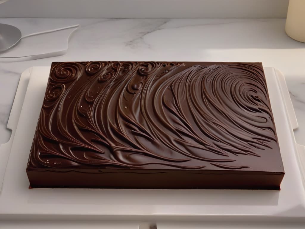  A closeup, ultradetailed image of a glossy, perfectly tempered chocolate bar with intricate swirls and designs on its surface. The chocolate is placed on a sleek, modern marble countertop, with subtle overhead lighting casting soft shadows around it. The texture of the chocolate is so detailed that each swirl and line can be seen distinctly, highlighting the professional finish achieved through precise temperature control. hyperrealistic, full body, detailed clothing, highly detailed, cinematic lighting, stunningly beautiful, intricate, sharp focus, f/1. 8, 85mm, (centered image composition), (professionally color graded), ((bright soft diffused light)), volumetric fog, trending on instagram, trending on tumblr, HDR 4K, 8K