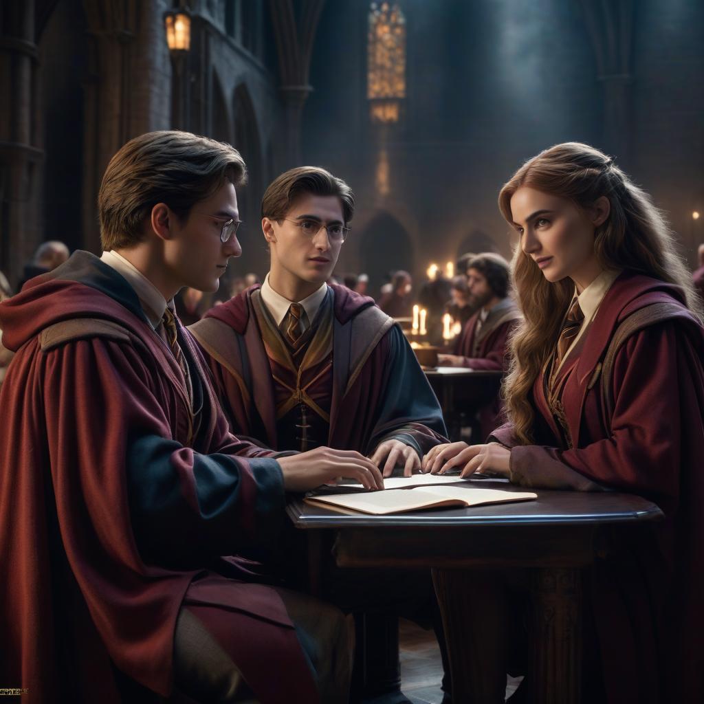  Two Hogwarts first years are sitting at laptops. hyperrealistic, full body, detailed clothing, highly detailed, cinematic lighting, stunningly beautiful, intricate, sharp focus, f/1. 8, 85mm, (centered image composition), (professionally color graded), ((bright soft diffused light)), volumetric fog, trending on instagram, trending on tumblr, HDR 4K, 8K