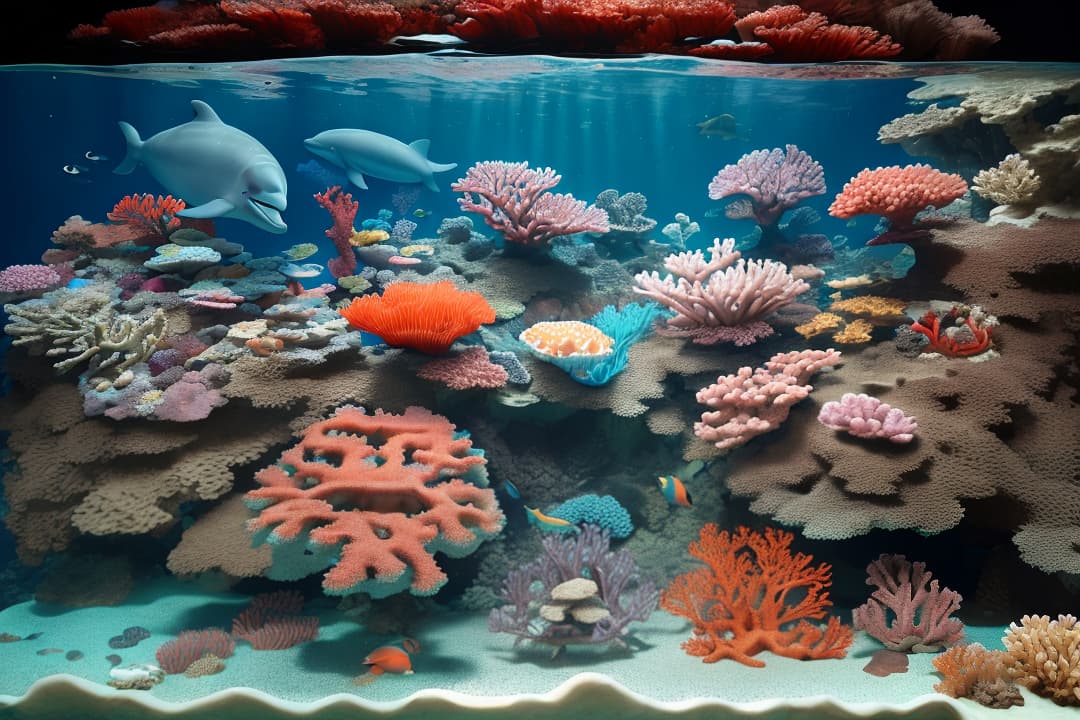  masterpiece, best quality, beautiful deep sea full of corals, diverse marine life and fascinating underwater landscapes with corals, appendages, small fish, anemones, dolphins, various algae, caves, colorful, 8k resolution and intricate detail