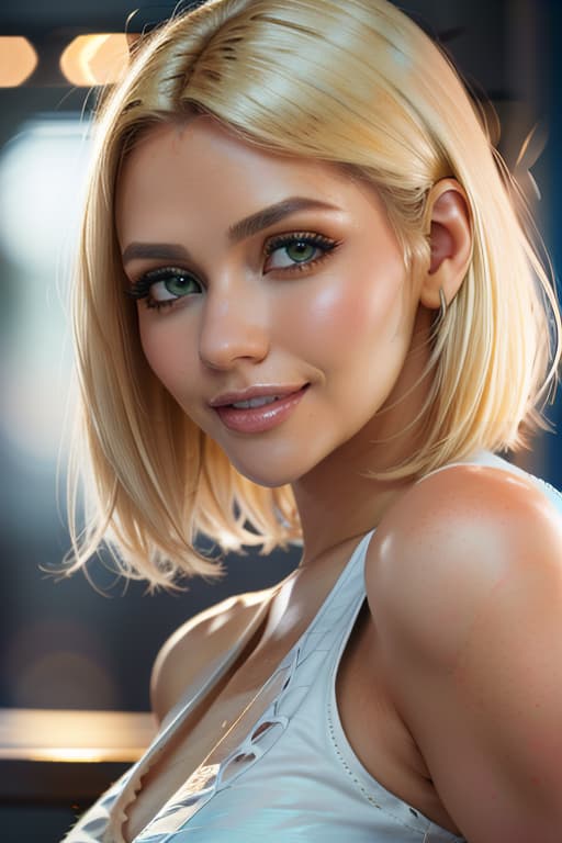  1girl,1girl,blonde short hair,straight hair,upper body shot,shirt,smile hyperrealistic, full body, detailed clothing, highly detailed, cinematic lighting, stunningly beautiful, intricate, sharp focus, f/1. 8, 85mm, (centered image composition), (professionally color graded), ((bright soft diffused light)), volumetric fog, trending on instagram, trending on tumblr, HDR 4K, 8K