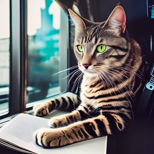 nvinkpunk Realistic image of a cat wearing headphones and reading glasses while riding a bus. hyperrealistic, full body, detailed clothing, highly detailed, cinematic lighting, stunningly beautiful, intricate, sharp focus, f/1. 8, 85mm, (centered image composition), (professionally color graded), ((bright soft diffused light)), volumetric fog, trending on instagram, trending on tumblr, HDR 4K, 8K