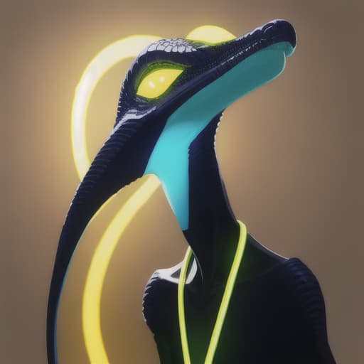  long necked reptile alien, wearing a futuristic large bead choker collar that is glowing mixed colors of yellow and blue around neck, Professional lighting and shadows
