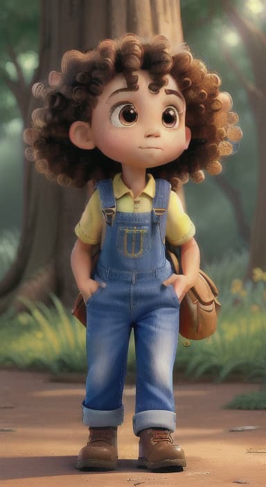  {The tree shining brightly and releasing a gentle, magical light., Riley, a curious with big brown eyes and curly hair, wearing overalls and carrying a small backpack. Their friend, Skye, a bluebird with shiny feathers.