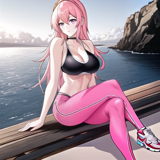  anime girl athlete in the beach with pink tight pants showing her back while sitting hyperrealistic, full body, detailed clothing, highly detailed, cinematic lighting, stunningly beautiful, intricate, sharp focus, f/1. 8, 85mm, (centered image composition), (professionally color graded), ((bright soft diffused light)), volumetric fog, trending on instagram, trending on tumblr, HDR 4K, 8K