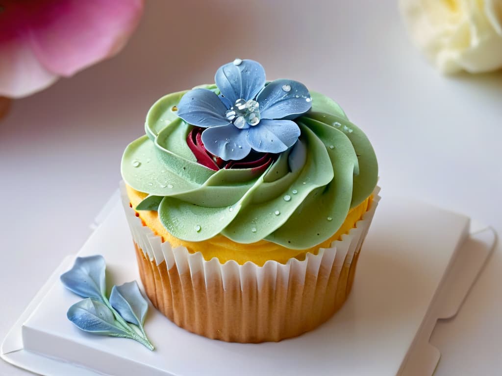  A closeup, ultradetailed image of a delicate, vibrant edible flower resting on a perfectly frosted cupcake. The flower's intricate petals glisten with tiny droplets of dew, highlighting its natural beauty and freshness. The cupcake is elegantly decorated with a simple swirl of pastelcolored frosting, creating a visually stunning contrast that embodies the fusion of beauty and taste in edible flowers for pastry decoration. hyperrealistic, full body, detailed clothing, highly detailed, cinematic lighting, stunningly beautiful, intricate, sharp focus, f/1. 8, 85mm, (centered image composition), (professionally color graded), ((bright soft diffused light)), volumetric fog, trending on instagram, trending on tumblr, HDR 4K, 8K