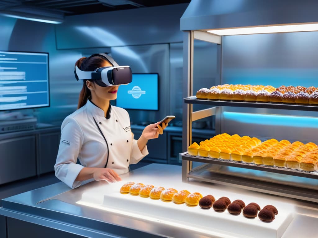  A highly detailed, photorealistic image of a professional baker wearing a virtual reality headset and using virtual tools to create intricate and colorful pastries in a futuristic digital kitchen setup. The scene is filled with vibrant ingredients, advanced baking equipment, and holographic displays showing recipes and baking instructions, creating an inspiring and innovative atmosphere for adapting traditional pastry techniques to the digital era. hyperrealistic, full body, detailed clothing, highly detailed, cinematic lighting, stunningly beautiful, intricate, sharp focus, f/1. 8, 85mm, (centered image composition), (professionally color graded), ((bright soft diffused light)), volumetric fog, trending on instagram, trending on tumblr, HDR 4K, 8K