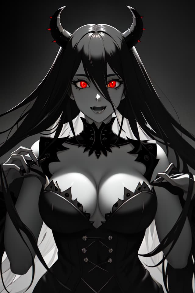  (All fangs of teeth) Only the upper body (the mouth of the mouth is jagged) Beautiful Devil Girl, Masterpiece, Jagged Teeth, Beautiful Black Hair, Long Hair, Black Dress, Qi Ulity, 8k, 16k hyperrealistic, full body, detailed clothing, highly detailed, cinematic lighting, stunningly beautiful, intricate, sharp focus, f/1. 8, 85mm, (centered image composition), (professionally color graded), ((bright soft diffused light)), volumetric fog, trending on instagram, trending on tumblr, HDR 4K, 8K