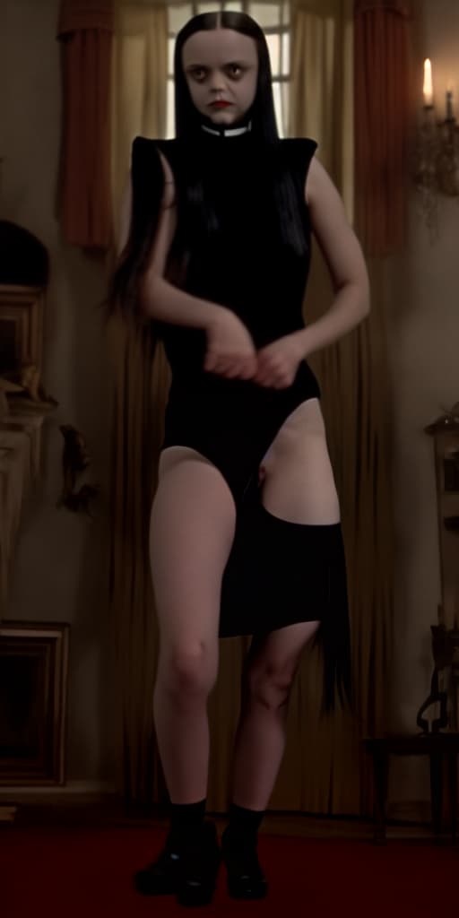  wednesday Addams, Christina Ricci, lifts skirt to show naked pussy, Indoor