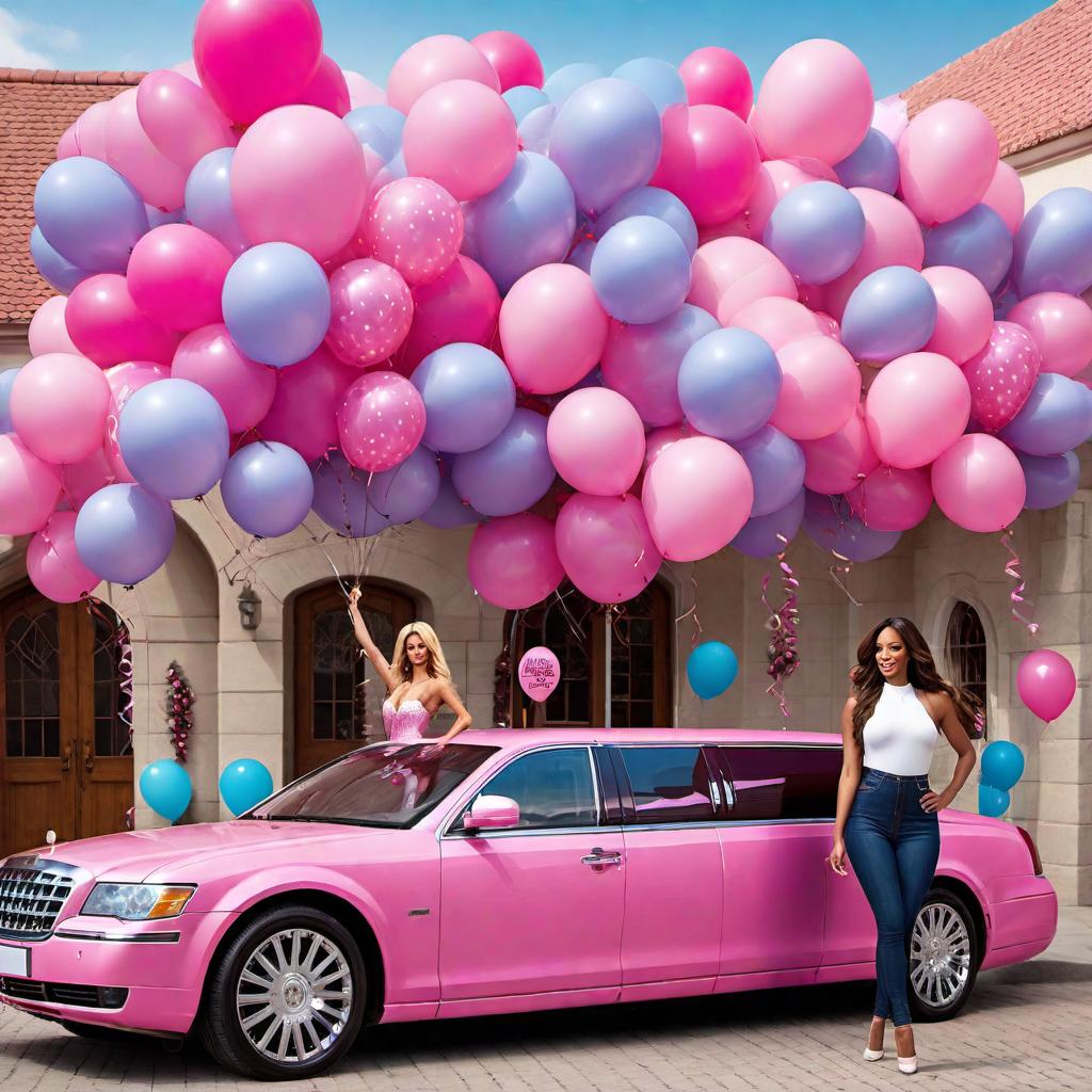  Create an image featuring a stretch limousine with a glossy, glittery pink paint job. The text 'Barbie Dream Car' is prominently displayed on the side of the limousine in an elegant and font. In the background, there is a large pink bouncy house where a birthday party is occurring, with a and her friends celeting around it. The party is adorned with balloons, streamers, and birthday decorations, all contributing to a lively and joyous atmosphere befitting a young 's birthday celetion. hyperrealistic, full body, detailed clothing, highly detailed, cinematic lighting, stunningly beautiful, intricate, sharp focus, f/1. 8, 85mm, (centered image composition), (professionally color graded), ((bright soft diffused light)), volumetric fog, trending on instagram, trending on tumblr, HDR 4K, 8K