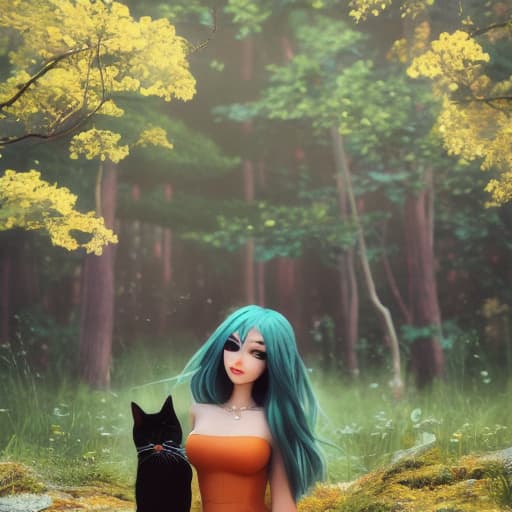  A girl with greenblue hair and orange eyes, with a black cat with eyes the same color as her hair hyperrealistic, full body, detailed clothing, highly detailed, cinematic lighting, stunningly beautiful, intricate, sharp focus, f/1. 8, 85mm, (centered image composition), (professionally color graded), ((bright soft diffused light)), volumetric fog, trending on instagram, trending on tumblr, HDR 4K, 8K