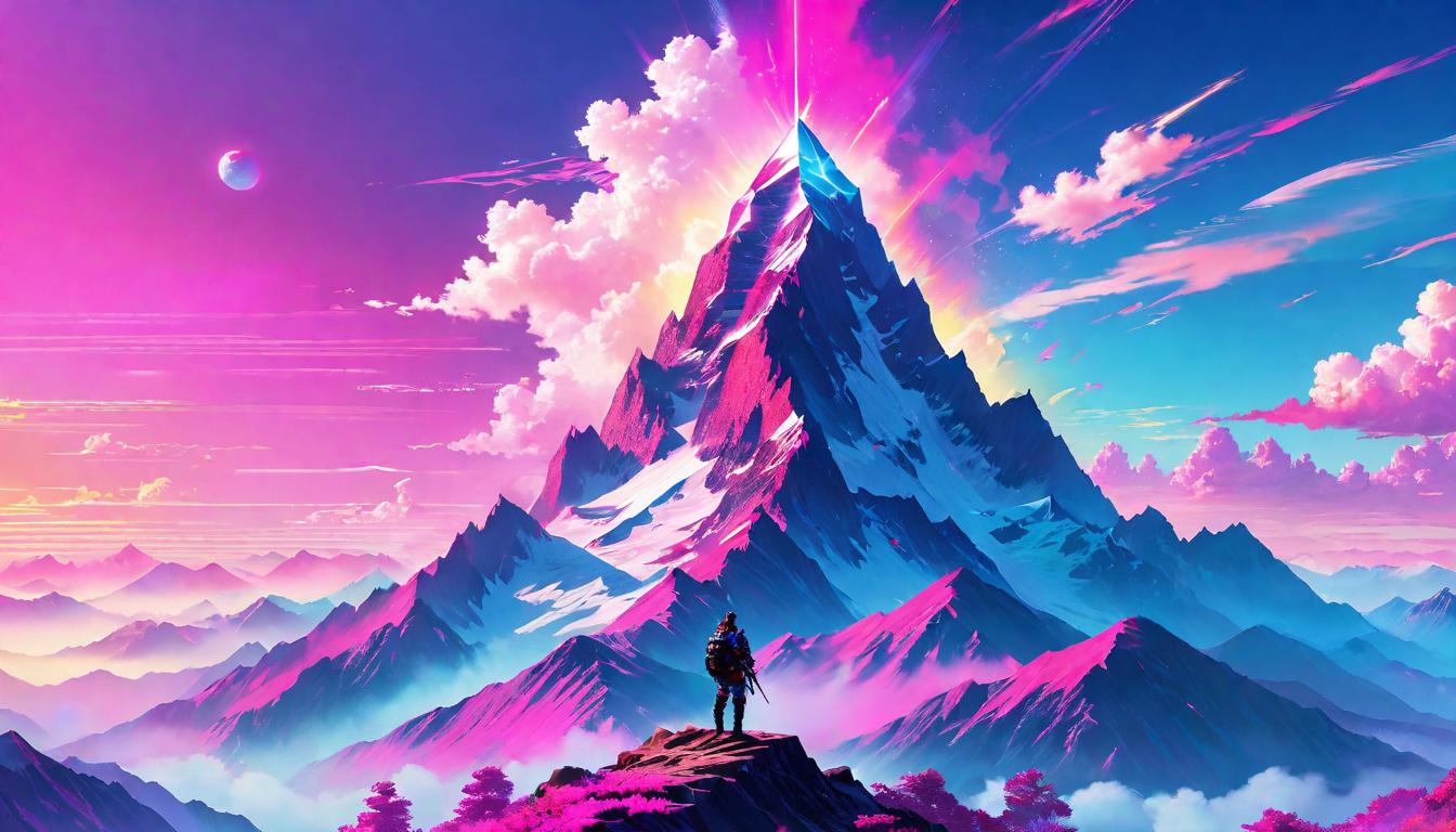  vaporwave,cyberpunk game style Mountain peak reaching into the sky, pinnacle of ambition, lone climber ascending, vastness around, admiration in the ascent, daunting task ahead, symbol of high standards, solo journey, magnitude of challenge, ascent amidst daunting beautyeon, dystopian, futuristic, digital, vibrant, detailed, high contrast, reminiscent of cyberpunk genre video games,retro aesthetic, cyberpunk, vibrant, neon colors, vintage 80s and 90s style, highly detailed