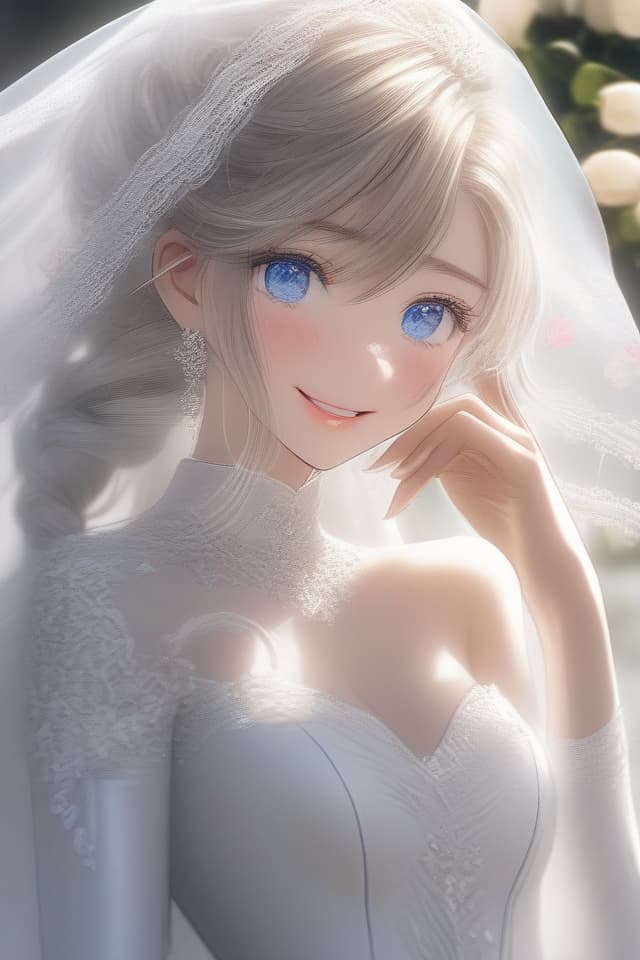  super detailed,8k,high resolution,absurd,adopted,detailed,delicate composition,cinematic angles,bold composition,subtle features,{{Woman in pure white wedding dress:1.4}},((white veil,pure white wedding dress,wedding dress with silver thread embroidery)){adult woman,straw colorhair color,blue eyes,tall,bouquet of white roses in her hands,happy smile},top quality,masterpiece,