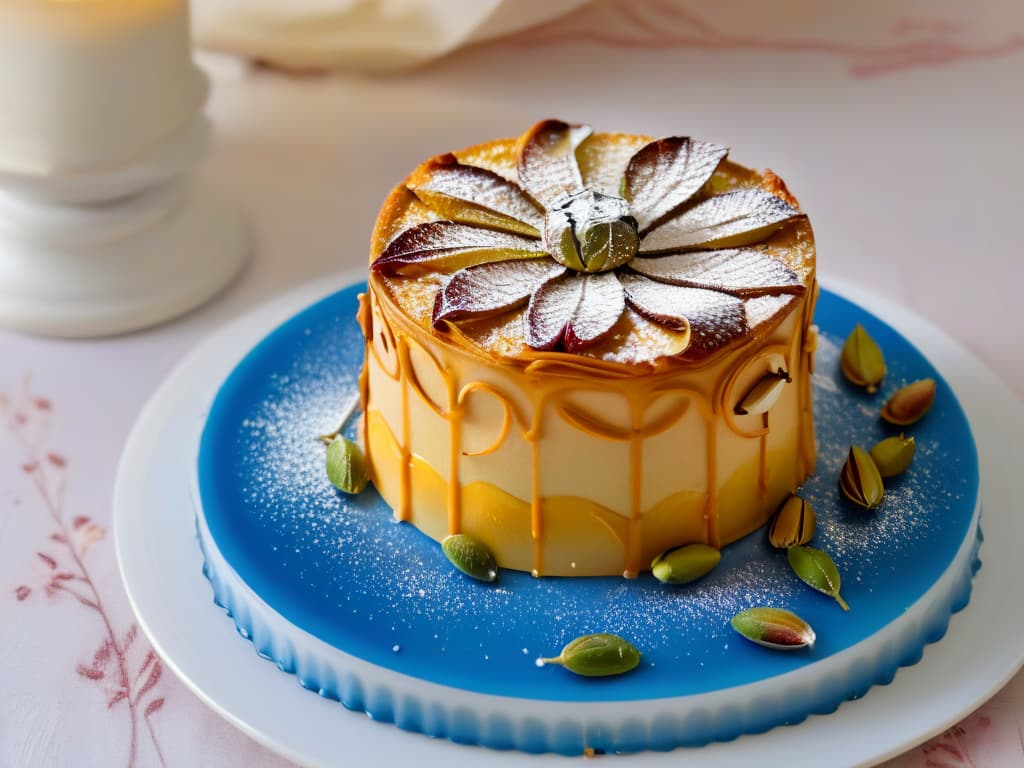  A closeup, photorealistic image of a beautifully crafted Moroccan almond and honey pastry, intricately garnished with pistachios and edible rose petals. The dessert sits on a delicate ceramic plate, showcasing its goldenbrown flaky layers and oozing honey drizzle, set against a backdrop of ornate Arabesque tile patterns in vibrant blues and yellows. The image captures the essence of the fusion of Arabic and North African flavors, evoking a sense of cultural richness and culinary artistry. hyperrealistic, full body, detailed clothing, highly detailed, cinematic lighting, stunningly beautiful, intricate, sharp focus, f/1. 8, 85mm, (centered image composition), (professionally color graded), ((bright soft diffused light)), volumetric fog, trending on instagram, trending on tumblr, HDR 4K, 8K