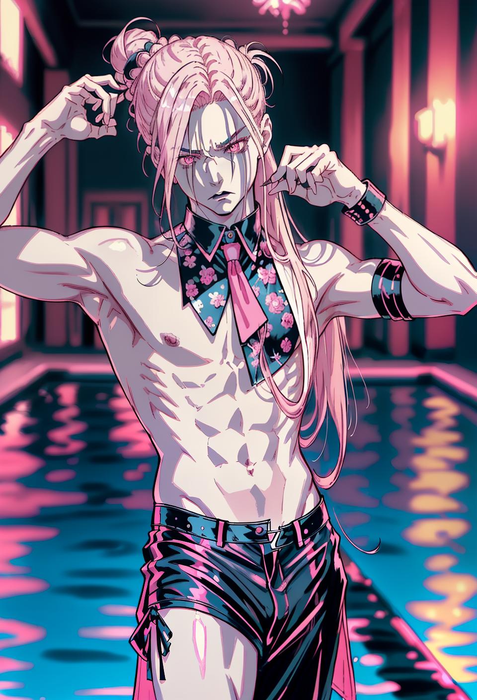  ((trending, highres, masterpiece, cinematic shot)), 1boy, mature, male goth clothing, pool scene, long straight pink hair, hair in a bun, narrow pink eyes, flamboyant pose, dramatic personality, sad expression, very pale skin, chaotic, toned