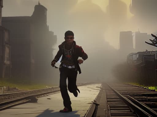 arcane style arcane style, 15 year old boy in tattered clothing running from zombies in a post-apocalyptic city , (masterpiece:1.4), best quality, high quality, highly detailed, ultra detail, ultra detailed, unreal engine 5, HDR 4K, 8K