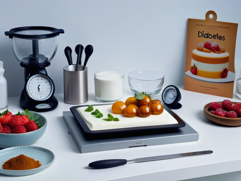  An ultradetailed, 8k resolution image of a sleek, modern kitchen countertop displaying an array of specialized diabeticfriendly baking tools and ingredients. The scene includes precision measuring spoons, a digital kitchen scale, a stack of recipe books labeled "Diabetic Desserts", a bowl of fresh berries, a bottle of sugar substitute, and a whisk, all arranged meticulously in a visually appealing, minimalist layout. The image conveys a sense of precision, sophistication, and dedication to crafting delicious yet healthconscious desserts for individuals with diabetes. hyperrealistic, full body, detailed clothing, highly detailed, cinematic lighting, stunningly beautiful, intricate, sharp focus, f/1. 8, 85mm, (centered image composition), (professionally color graded), ((bright soft diffused light)), volumetric fog, trending on instagram, trending on tumblr, HDR 4K, 8K