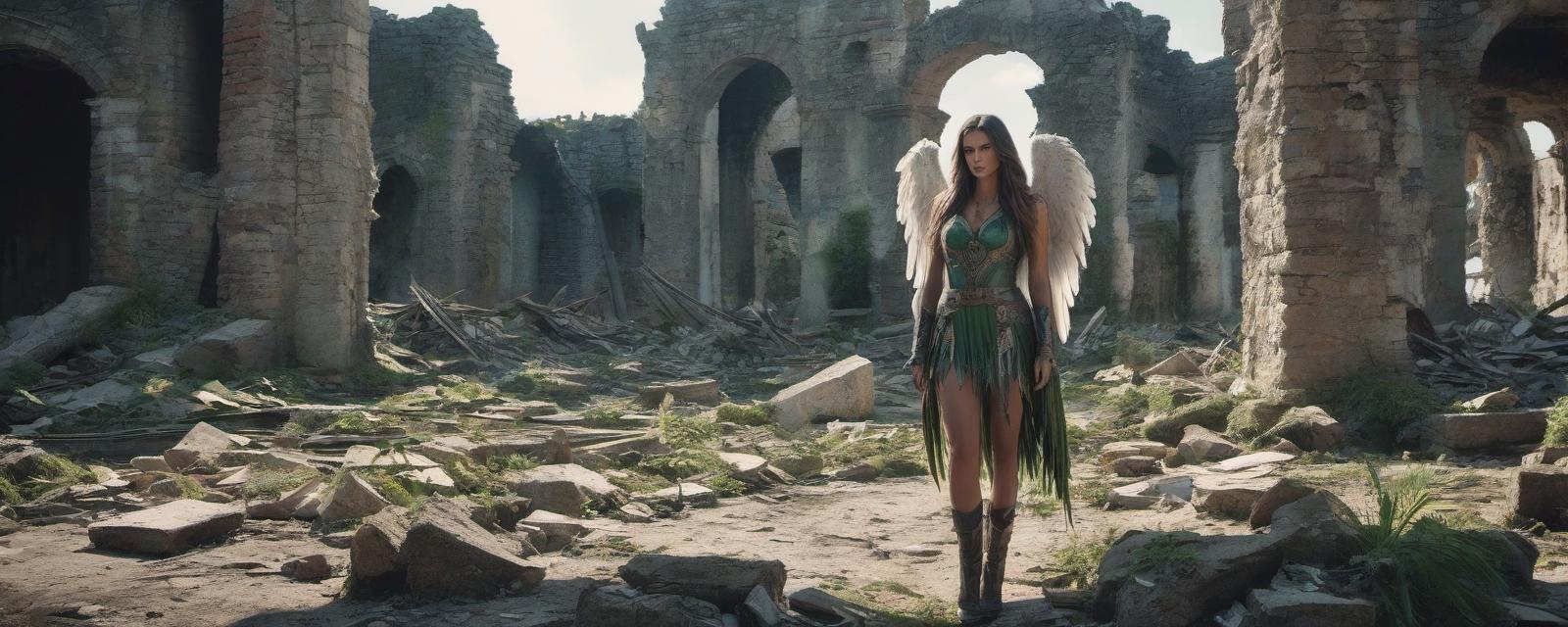  A long haired green eyed girl with enormous wings is standing in the ruins. Feathers are scattered under her feet. hyperrealistic, full body, detailed clothing, highly detailed, cinematic lighting, stunningly beautiful, intricate, sharp focus, f/1. 8, 85mm, (centered image composition), (professionally color graded), ((bright soft diffused light)), volumetric fog, trending on instagram, trending on tumblr, HDR 4K, 8K