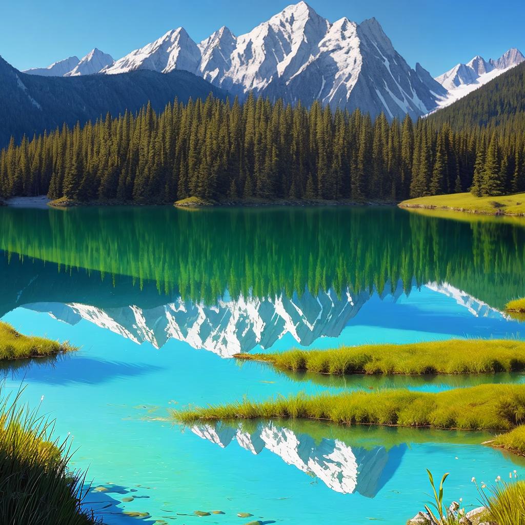  as a painting, Convey the serene majesty of towering mountains reflected in the crystal-clear waters of a tranquil alpine lake, using your unique artistic vision to evoke a sense of awe and tranquility.