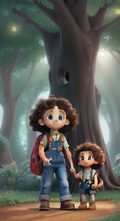  {The tree shining brightly and releasing a gentle, magical light., Riley, a curious with big brown eyes and curly hair, wearing overalls and carrying a small backpack. Their friend, Skye, a bluebird with shiny feathers.