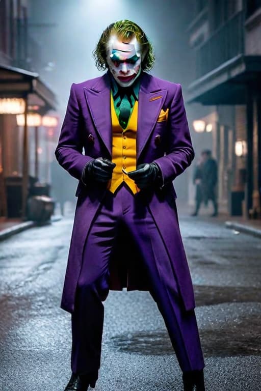  Joker hyperrealistic, full body, detailed clothing, highly detailed, cinematic lighting, stunningly beautiful, intricate, sharp focus, f/1. 8, 85mm, (centered image composition), (professionally color graded), ((bright soft diffused light)), volumetric fog, trending on instagram, trending on tumblr, HDR 4K, 8K