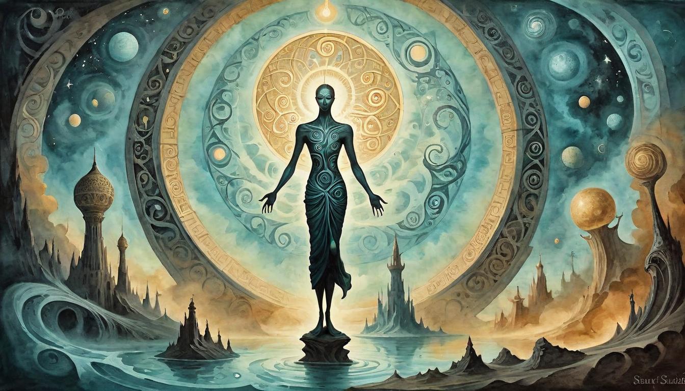  on parchment, surrealism+++, A mystical figure standing at the nexus of swirling dimensional portals, ethereal light emanating, mystical symbols floating, commanding, otherworldly, intricate and complex(mysterious, provocative, symbolic,muted color)+++