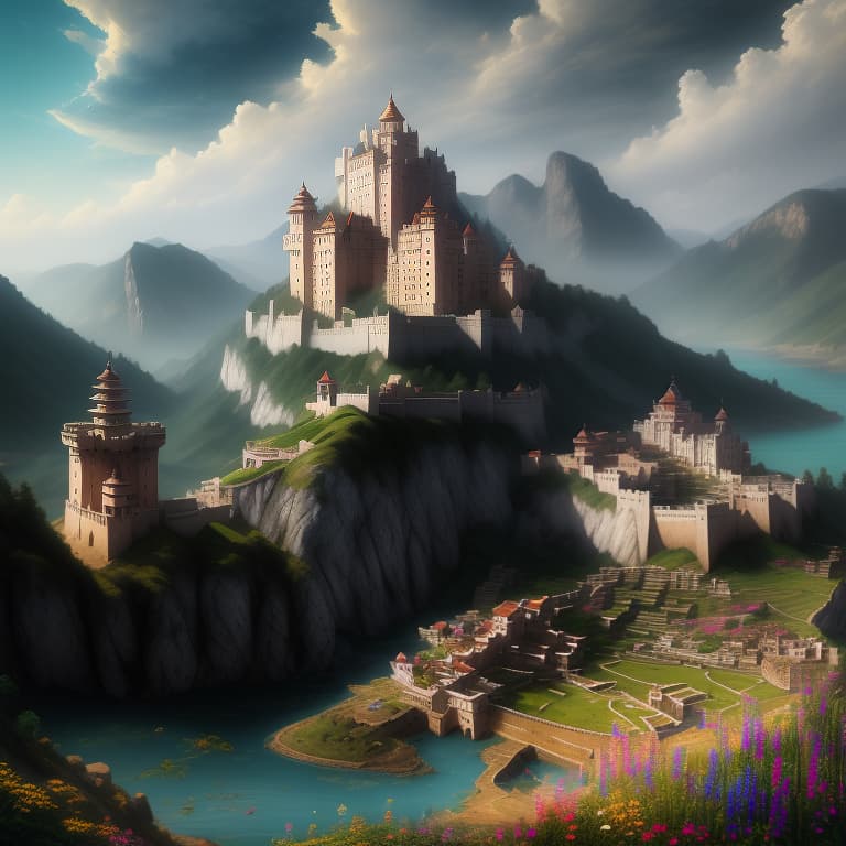  RAW photo of an Indian castle surrounded by water and nature, village, volumetric lighting, photorealistic, insanely detailed and intricate, Fantasy, epic cinematic shot, trending on ArtStation, mountains, 8k ultra hd, magical, mystical, matte painting, bright sunny day, flowers, massive cliffs, Sweeper3D