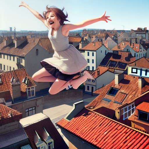  The girl is jumping over the roofs of houses, laughing