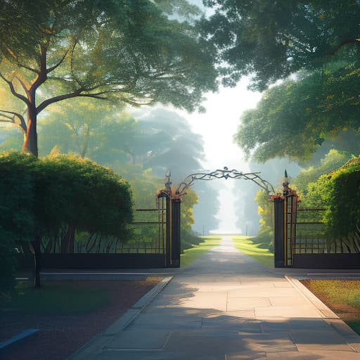  The entry location is a vast courtyard before the estate, surrounded by tall trees and bushes. Large metal gates are locked. hyperrealistic, full body, detailed clothing, highly detailed, cinematic lighting, stunningly beautiful, intricate, sharp focus, f/1. 8, 85mm, (centered image composition), (professionally color graded), ((bright soft diffused light)), volumetric fog, trending on instagram, trending on tumblr, HDR 4K, 8K