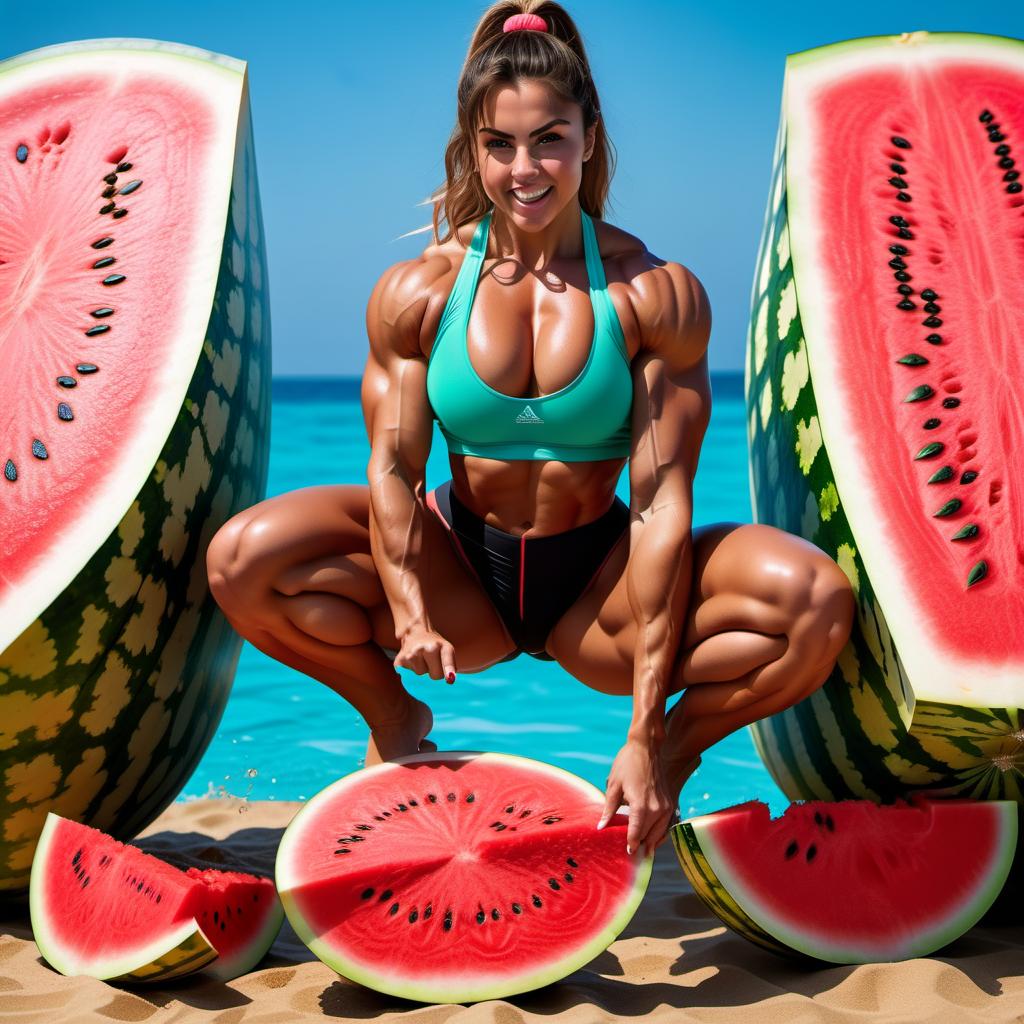  muscular girl, squashes a watermelon between quads, pressed by quads, scissorhold, watermelon squashed, barefoot, huge calves, full body shot, 8k, high quality