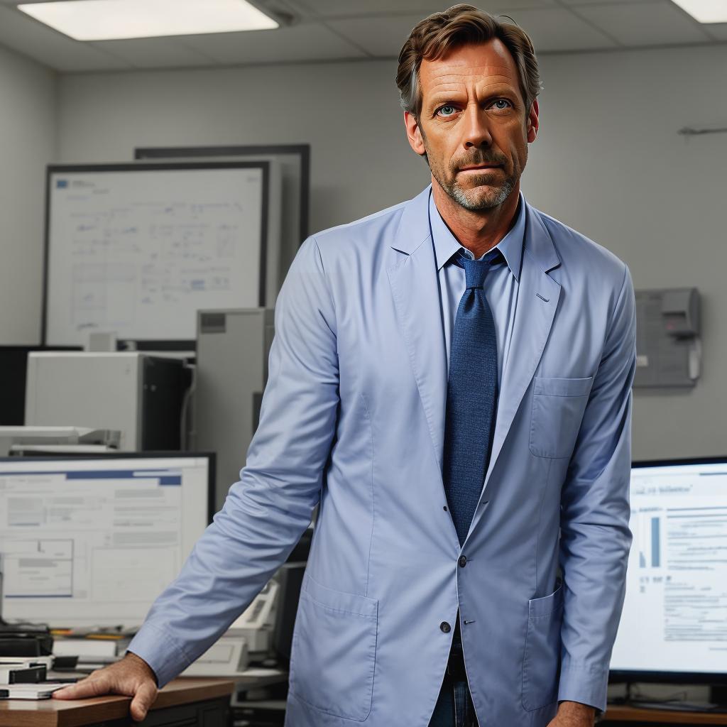  Anime pixar style of Dr. Gregory House from the TV series 'House M.D.'. The character resembles actor Hugh Laurie, with his signature stubble, piercing blue eyes, and slightly disheveled hair. He is wearing his usual outfit: a wrinkled blazer, a graphic t shirt underneath, and jeans. The scene is set in his office, with a cluttered desk, medical equipment, and the iconic whiteboard with medical notes in the background. Dr. House is holding a cane and has a thoughtful, yet slightly cynical expression on his face. hyperrealistic, full body, detailed clothing, highly detailed, cinematic lighting, stunningly beautiful, intricate, sharp focus, f/1. 8, 85mm, (centered image composition), (professionally color graded), ((bright soft diffused light)), volumetric fog, trending on instagram, trending on tumblr, HDR 4K, 8K