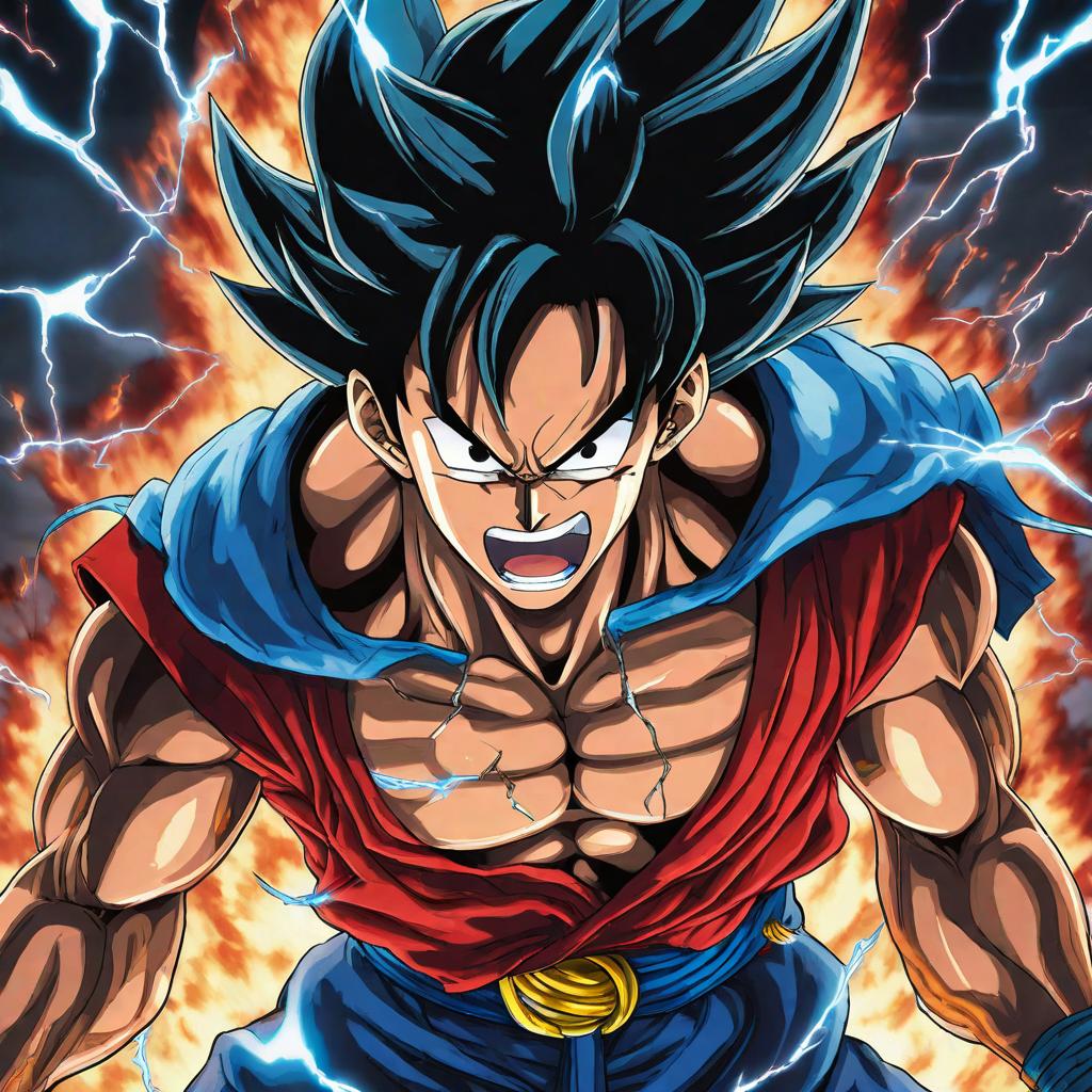  ultra detailed illustration of Luffy super saiyan blue kaioken style, ki aura surrounding his body, centered image, blue hair, luminous image, bright blue aura with bolts, in the style of Akira Toriyama, MSchiffer, manga, anime, saiyan clothing, best quality, sharp focus, angry look, fight pose (red clothes1.5) screaming, open mouth, very angry, anime concept art by Hayao Miyazaki, featured on pixiv, fantasy art, concept art, official art, high detailed hyperrealistic, full body, detailed clothing, highly detailed, cinematic lighting, stunningly beautiful, intricate, sharp focus, f/1. 8, 85mm, (centered image composition), (professionally color graded), ((bright soft diffused light)), volumetric fog, trending on instagram, trending on tumblr, HDR 4K, 8K