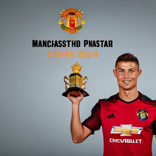 portrait+ style A photo of C.Ronaldo in Manchester united shirt holding premier league golden boot award with a banner at the top saying "top scorer"2024 season