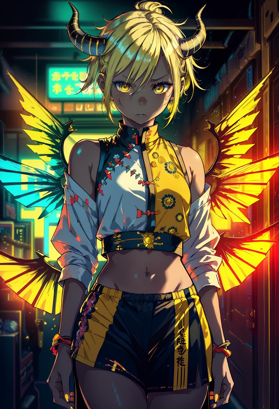  ((trending, highres, masterpiece, cinematic shot)), 1girl, chibi, female tribal clothes, arcade scene, very short messy yellow hair, hair slicked back, narrow amber eyes, sweet personality, sad expression, horns, wings, dark skin, epic, energetic