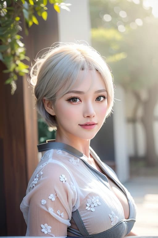  Large and beautiful eye smile attractive l cup Waist Large ass bob hair light silver hair, (Masterpiece, BestQuality:1.3), (ultra detailed:1.2), (hyperrealistic:1.3), (RAW photo:1.2),High detail RAW color photo, professional photograph, (Photorealistic:1.4), (realistic:1.4), ,professional lighting, (japanese), beautiful face, (realistic face)