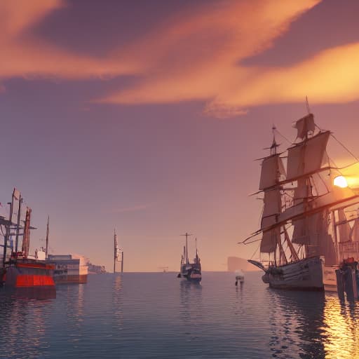  photo of 8k ultra realistic harbour, port, boats, sunset, beautiful light, golden hour, full of colour, cinematic lighting, battered, trending on artstation, 4k, hyperrealistic, focused, extreme details,unreal engine 5, cinematic, masterpiece, art by studio ghibli