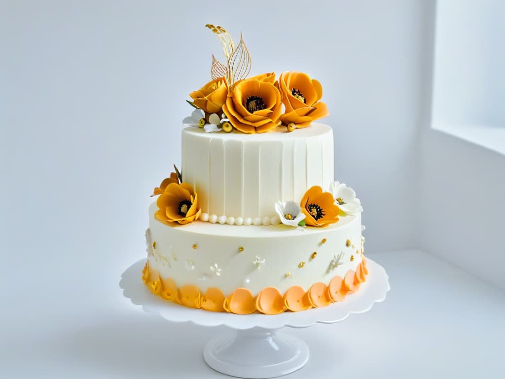  An elegant, minimalistic image of a beautifully decorated multitiered gourmet cake featuring intricate piping, delicate sugar flowers, and shimmering edible gold accents. The cake is displayed on a sleek, white marble cake stand, set against a soft, blurred background to highlight the exquisite details of the confection. hyperrealistic, full body, detailed clothing, highly detailed, cinematic lighting, stunningly beautiful, intricate, sharp focus, f/1. 8, 85mm, (centered image composition), (professionally color graded), ((bright soft diffused light)), volumetric fog, trending on instagram, trending on tumblr, HDR 4K, 8K