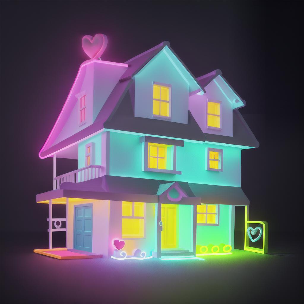  masterpiece, best quality, undetailed one-line drawing neon illustration style, very simple undetailed neon house with a heart drawing, neon details only, no background images, all captured in stunning 8k resolution, bright colors, dark background