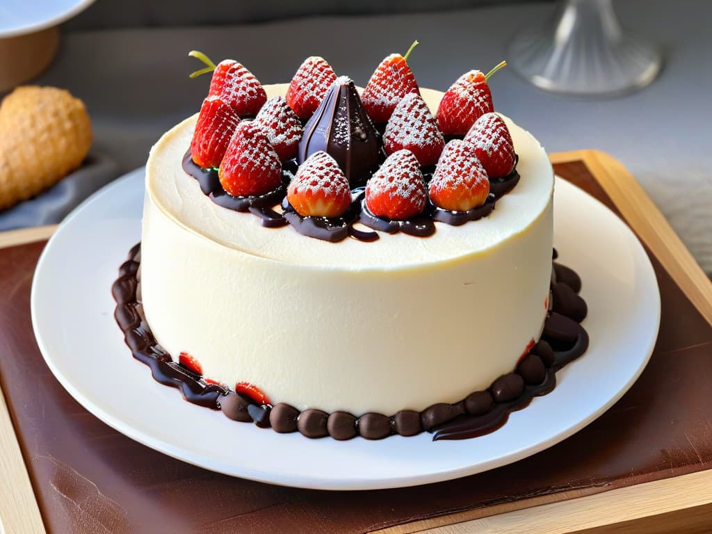  A minimalist black and white closeup image of a decadent, towering New York cheesecake topped with a generous layer of fresh strawberries and a drizzle of rich chocolate sauce, beautifully presented on a sleek, modern plate. The velvety texture of the cheesecake contrasts with the vibrant red of the strawberries, creating a visually striking and mouthwatering dessert masterpiece. hyperrealistic, full body, detailed clothing, highly detailed, cinematic lighting, stunningly beautiful, intricate, sharp focus, f/1. 8, 85mm, (centered image composition), (professionally color graded), ((bright soft diffused light)), volumetric fog, trending on instagram, trending on tumblr, HDR 4K, 8K