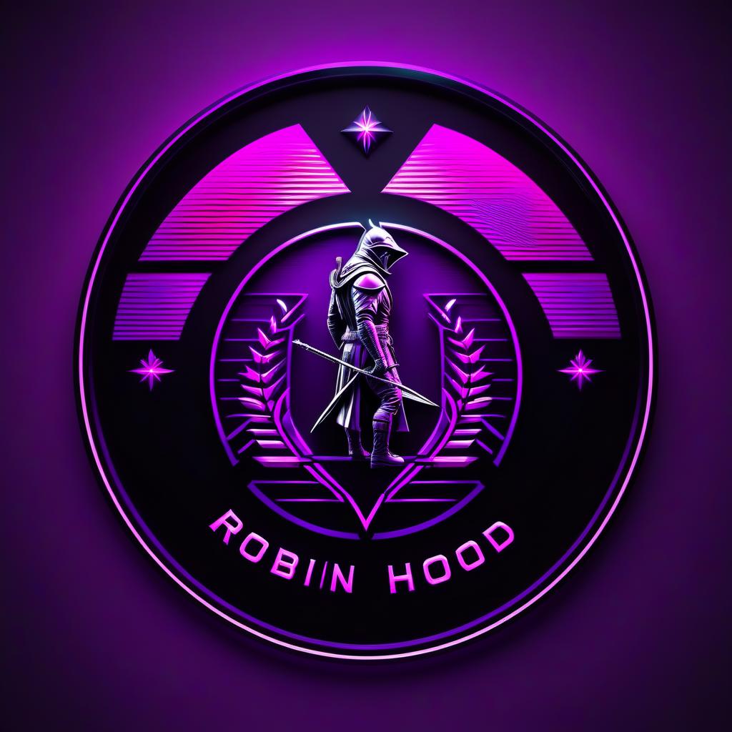  neonpunk style Robin Hood logo . cyberpunk, vaporwave, neon, vibes, vibrant, stunningly beautiful, crisp, detailed, sleek, ultramodern, magenta highlights, dark purple shadows, high contrast, cinematic, ultra detailed, intricate, professional hyperrealistic, full body, detailed clothing, highly detailed, cinematic lighting, stunningly beautiful, intricate, sharp focus, f/1. 8, 85mm, (centered image composition), (professionally color graded), ((bright soft diffused light)), volumetric fog, trending on instagram, trending on tumblr, HDR 4K, 8K