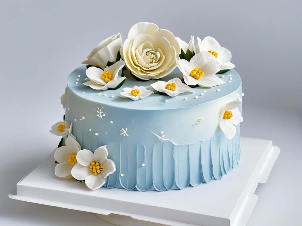  A closeup, ultradetailed image of a perfectly frosted and meticulously decorated threetiered cake, showcasing intricate piping work, delicate sugar flowers, and shimmering edible gold accents. The cake sits on a sleek, modern cake stand against a clean, white background, emphasizing the precision and artistry involved in professional pastry competitions. hyperrealistic, full body, detailed clothing, highly detailed, cinematic lighting, stunningly beautiful, intricate, sharp focus, f/1. 8, 85mm, (centered image composition), (professionally color graded), ((bright soft diffused light)), volumetric fog, trending on instagram, trending on tumblr, HDR 4K, 8K