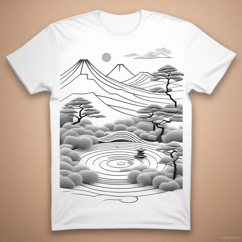  (origami style), T-shirt of a design of a Japanese zen garden, minimalistic