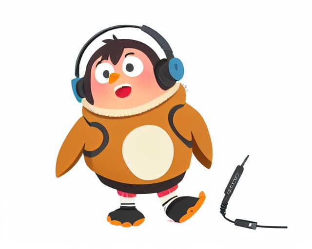  A 200 cm giant penguin wearing headphones., whole body